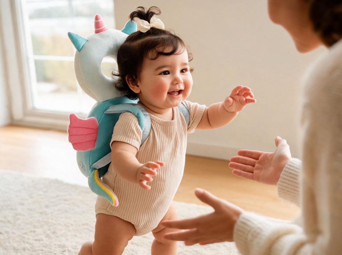 Smiling baby taking first steps toward a parent, wearing a unicorn head protector backpack