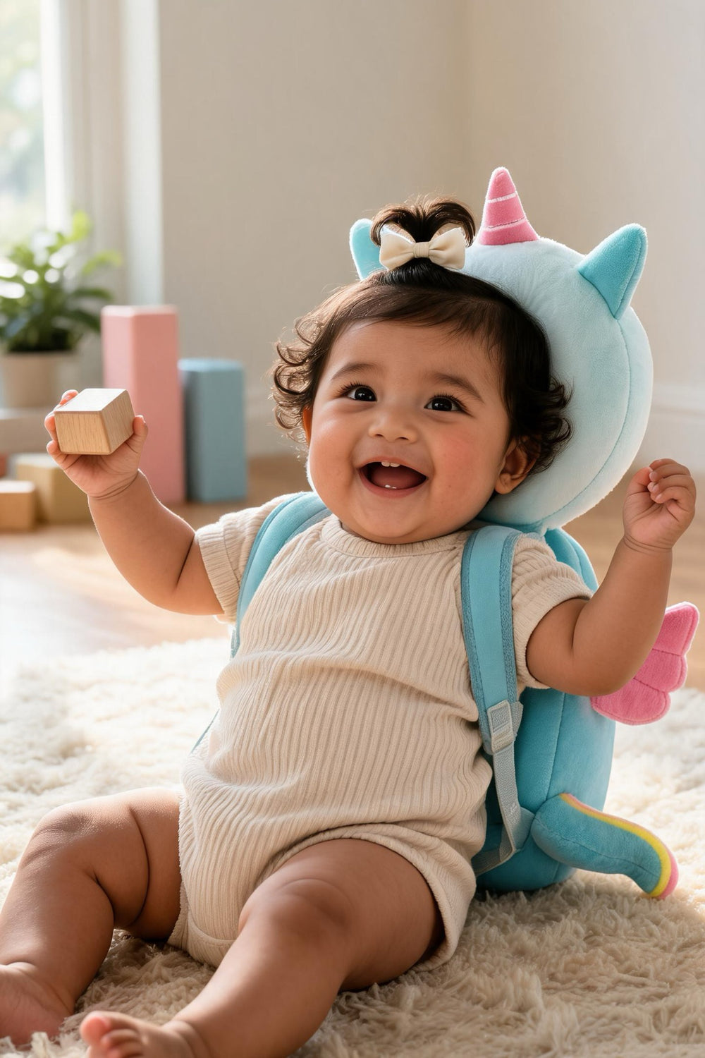 Smiling baby sitting on a rug holding a wooden block, wearing a unicorn head protector backpack